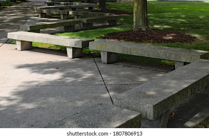 Row Of Benches In Front Of The Detroit Institute Of Arts. 

Detroit, Michigan