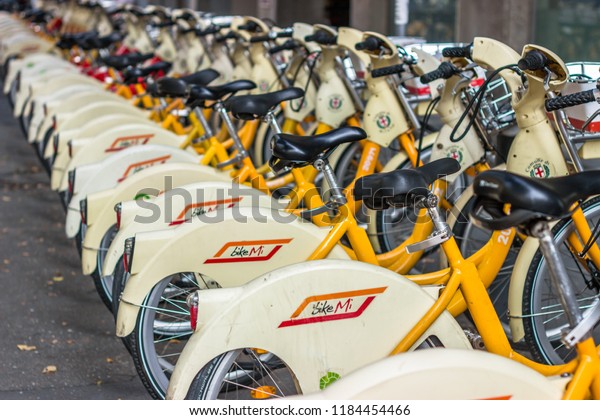 Row of Bikes of the Bike\
Sharing Public Service of ATM in Milan,Italy-September\
2018