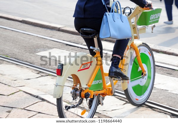Row of Bikes of the Bike\
Sharing Public Service of ATM in Milan,Italy-October 8,\
2018