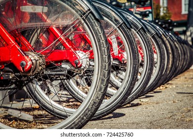 A Row Of Bikes Ready To Use At A Rental Stand In Northern Virginia.