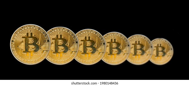 Row and bitcoin coins and blur gradient