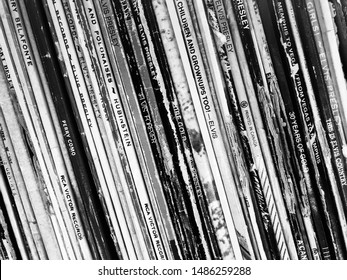 Row of black and white weathered envelopes for vintage vinyl records - 14 July 2019, Montreal, Canada