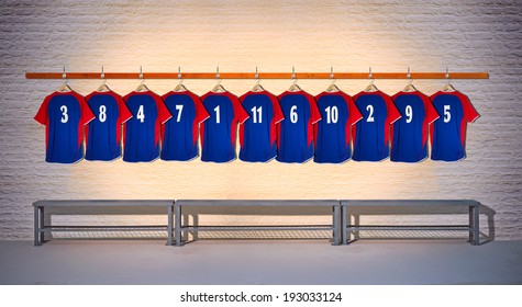 Row Of Blue Football  Team Shirt 3-5 Hanging On Locker Room Wall