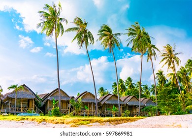 Row Of Bungalows On A Tropical Beach, Ko Pha Ngan, Thailand