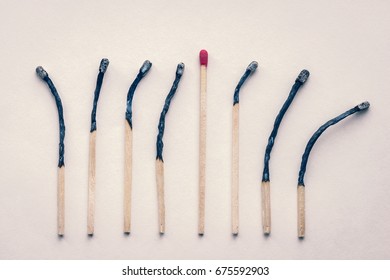 Row of burned out matches with one fresh stick in the middle
