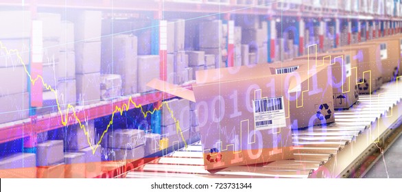 Row of cardboard boxes on conveyor belt against stocks and shares - Powered by Shutterstock