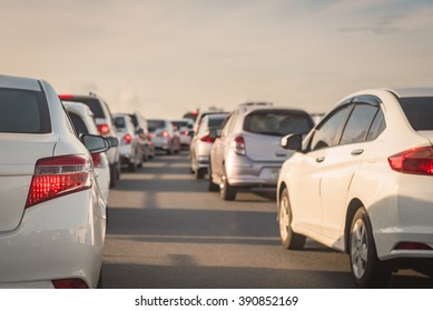 Row Of Cars On Express Way, Traffic Jam With Morning Light