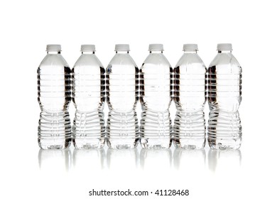 A Row Of Clear Water Bottles On A White Background