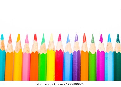 Row Of Color Pencil In Vertical With White Background