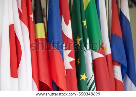 row of colorful Asia Pacific and southeast asia International Flag