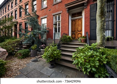 A Row Of Colorful Brownstone Buildings In A Famous Neighborhood Of Manhattan, New York City