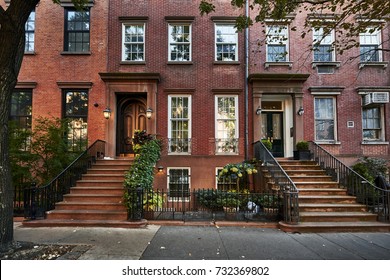 A Row Of Colorful Brownstone Buildings In A Historic Neighborhood Of Brooklyn In New York City