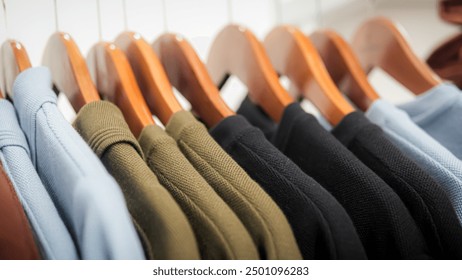 Row of colorful cotton coat suits are hanged by wooden cloth hanger on the rail. Fashion lifestyle object, close-up and selective focus. - Powered by Shutterstock