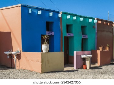 Row of colorful visitor toilets in Morocco