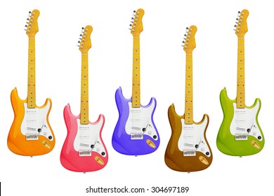 Row Of Colourful Electric Guitars On White Background