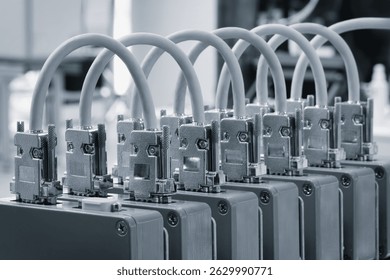 A row of computer cables are lined up in a row. The cables are white and grey