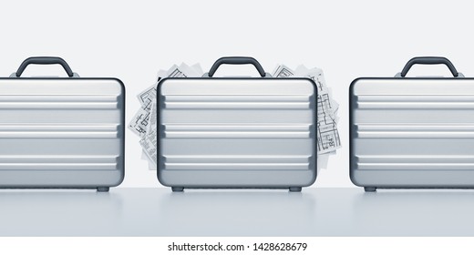 Row of contemporary aluminum briefcases, one overflowing with plans, reports, and paperwork. Concept intellectual property theft and detection