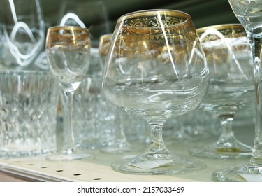 Row Of Different Glass Goblets. Beautiful Barware, Close-up