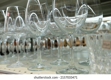 Row Of Different Glass Goblets. Beautiful Barware, Close-up