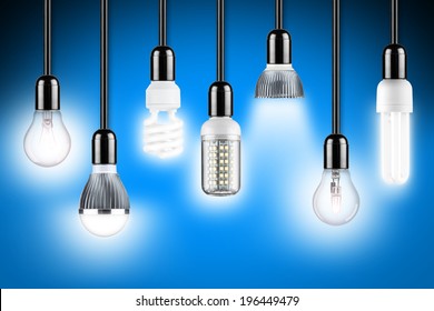 Row Of Different Types Of Glowing Light Bulbs