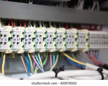  Row of electric terminals in control box. Shallow focus. - Shutterstock ID 420078502