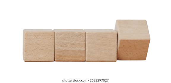 A row of empty square cube wooden blank blocks for mockup arrange in line with the last is flipping on the edge for changing value. Isolated cutout in white background.