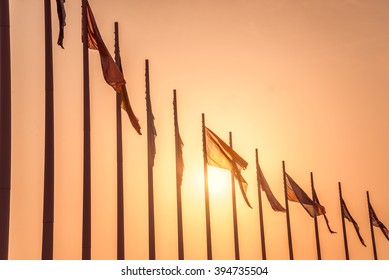 Row of european flags against sunset sochi olympiad