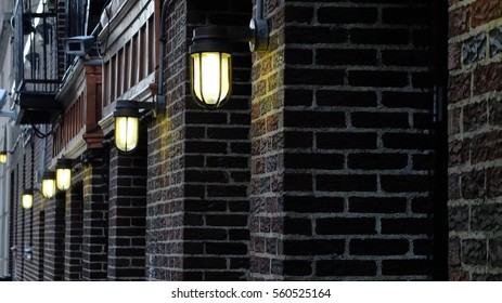 Row Of Exterior Hanging Lantern Lights Outside Broadway Theater In New York City.