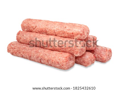 Row of fresh raw beef kebabs isolated on white