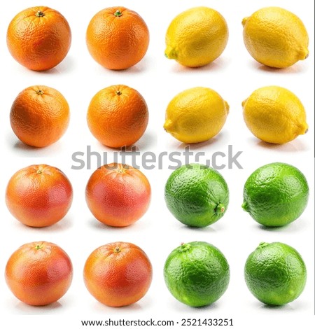 A row of fruit including oranges, lemons, and limes. The oranges are orange and the lemons are yellow