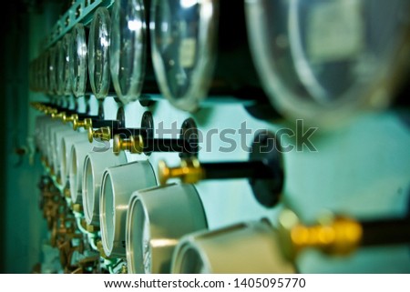 A row of gauges aboard an old Navy ship in Alameda, California. 