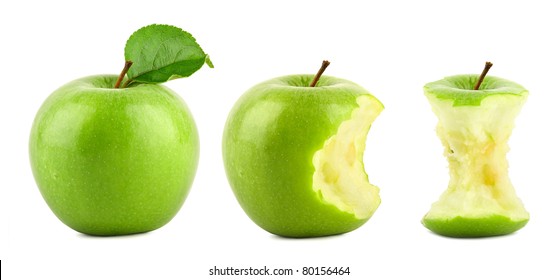 row of green granny smith apples on white background