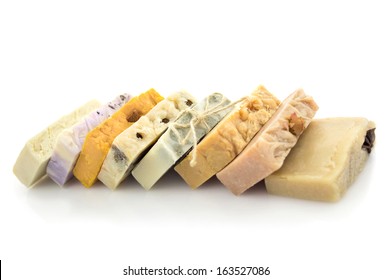 Row Of Handmade Colorful Soap Isolated White Background