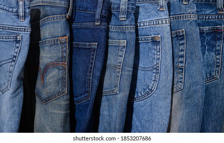 Row Hanged Denim Jeans Backgroundin Shop Stock Photo 1853207686 ...