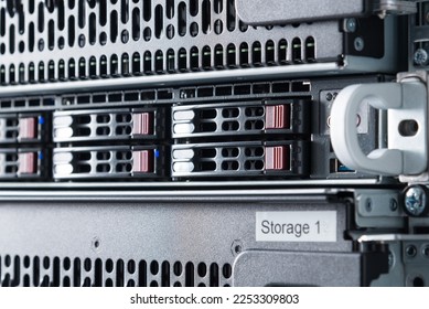 Row of hard drives serving as data storage inside server room - Shutterstock ID 2253309803