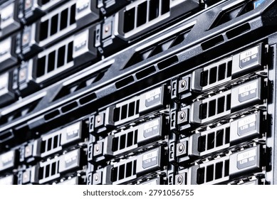 Row of hard drives serving as data storage inside server room