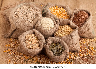 Row Healthy Grain Food (corn, Sesame, Flax, Buckwheat, Wheat, Pumpkin Seeds, Sunflower Seeds) In Jute Sack.