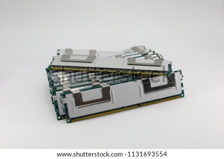 row of High performance DDR RAM memory module isolated on white background.