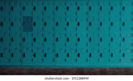 Row Of High School Green Lockers For Background.