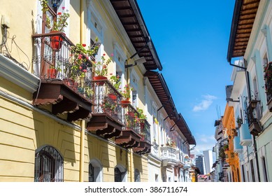 Row Of Historic Colonial Balconies In The Center Of Quito, Ecuador