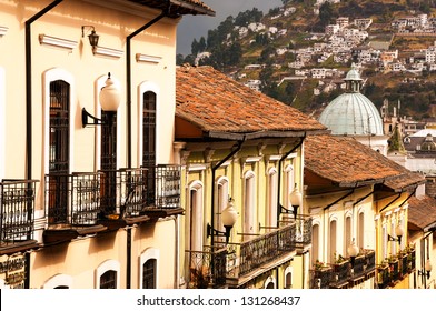 Row Of Historic Colonial Buildings In Quito, Ecuador