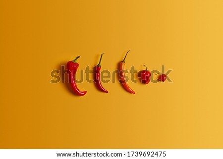 Row hot red chilli pepper of different size and shape on yellow background. Kinds of hot pepper. Spicy food concept. Several cayennes. Nobody on photo. Healthy vegetables for preparing salad