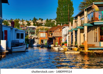 A Row Of House Boats On South Lake Union In Seattle Washington