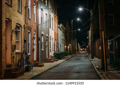 Row houses at night, in Fells Point, Baltimore, Maryland - Shutterstock ID 1149915533