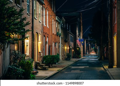 Row Houses On Bethel Street At Night, In Fells Point, Baltimore, Maryland