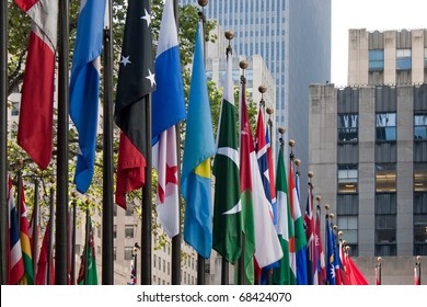 A row of international flags from all over the world in the city of New York.