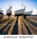 Row of laid up motor boats and sailboats at a marina