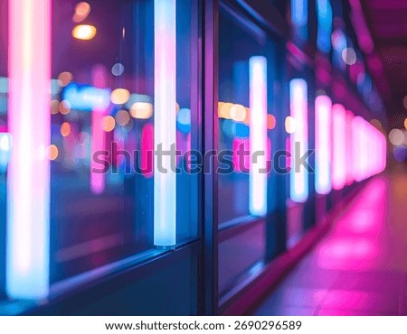 A row of lights reflect in the windows creating an abstract and colorful geometric pattern of pink and white hues.