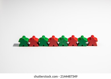 Row Line Of Wooden Figures People Standing Together As A Team