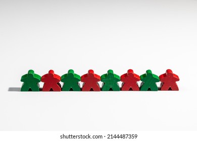 Row Line Of Wooden Figures People Standing Together As A Team